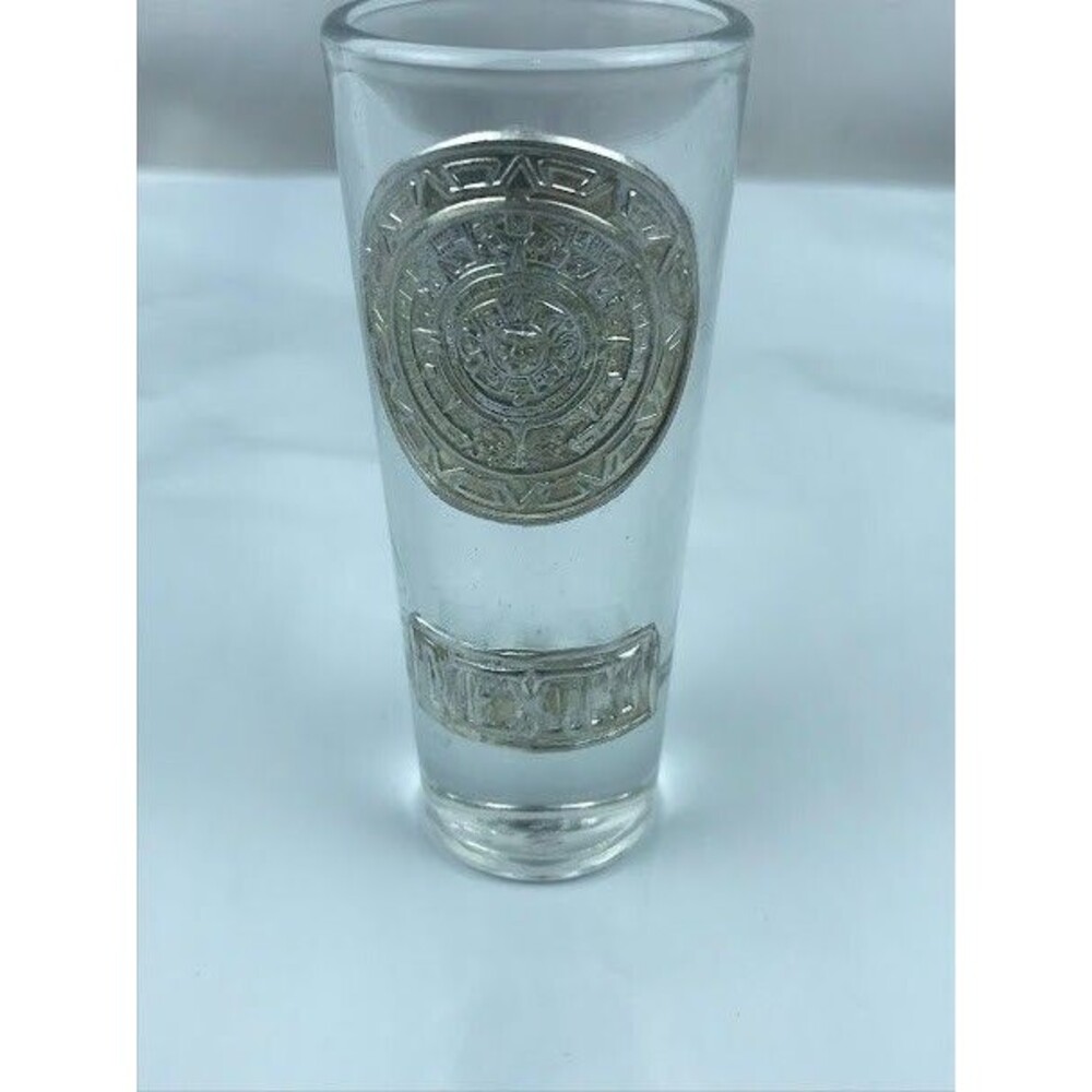 Cancun Mexico AZTEC CALENDAR 4” TALL SHOT GLASS Vintage Silver Souvenir Barware